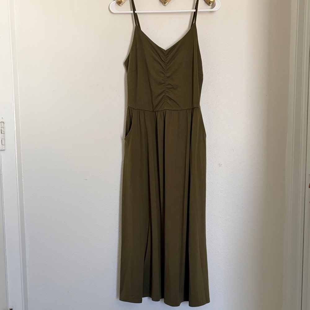 Olive Green Spaghetti Strap Midi Dress